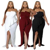 Polyester stringy selvedge & Slim & Plus Size One-piece Dress side slit & tube Solid PC