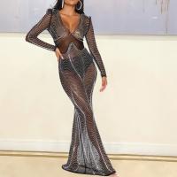 Polyester Sexy Package Hip Dresses see through look & deep V & with rhinestone black PC