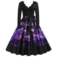 Polyester with silk scarf One-piece Dress large hem design & mid-long style & deep V printed Pumpkin Pattern PC