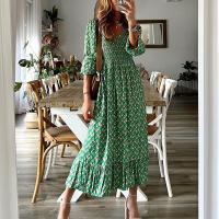 Polyester Waist-controlled One-piece Dress printed green PC