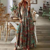 Polyester Waist-controlled & Plus Size One-piece Dress deep V printed PC