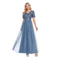 Sequin & Gauze & Polyester Waist-controlled Long Evening Dress patchwork Solid blue PC