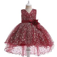 Satin & Gauze & Cotton with flower & Princess Girl One-piece Dress & with belt Sequin patchwork star pattern red PC