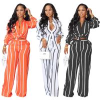 Polyester Women Casual Set & two piece Long Trousers & top printed striped Set