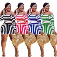 Polyester Plus Size Women Casual Set & two piece & off shoulder short pants & top patchwork striped Set