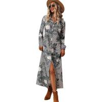 Polyester High Waist One-piece Dress mid-long style & side slit & with pocket printed gray PC