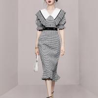 Polyester Waist-controlled & scallop & Slim & High Waist One-piece Dress patchwork plaid PC
