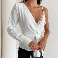 Polyester lace Women Long Sleeve Shirt irregular & hollow & One Shoulder patchwork Solid white PC