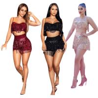 Polyester Tassels Women Casual Set & two piece Sequin short pants & top patchwork Solid Set