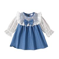 Cotton Slim Girl One-piece Dress see through look patchwork blue PC