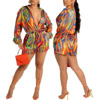 Polyester Women Casual Set irregular & two piece short & top printed multi-colored Set