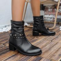 PU Leather side zipper & chunky Boots Solid Pair
