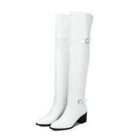 PU Leather chunky Knee High Boots Solid white Pair