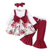 Cotton Slim Girl Clothes Set & three piece Hair Band & Pants & top printed floral wine red Set
