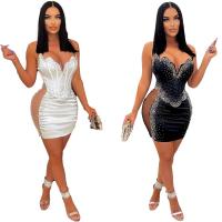 Polyester Slim Sexy Package Hip Dresses & with rhinestone Gauze iron-on white and black PC