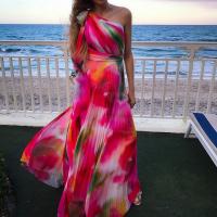 Acetate Fiber Waist-controlled One-piece Dress & off shoulder printed multi-colored PC