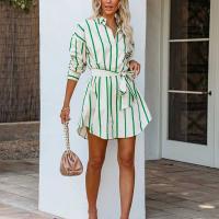 Polyester Waist-controlled Shirt Dress slimming printed striped green PC