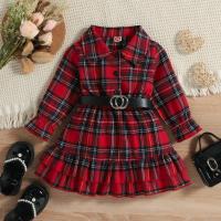 Cotton scallop Girl One-piece Dress & with belt plaid red PC