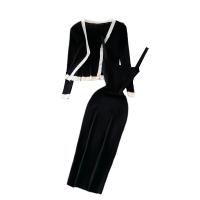 Polyester Sheath & High Waist Two-Piece Dress Set mid-long style & flexible & deep V knitted Solid : Set