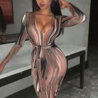 Polyester Slim Sexy Package Hip Dresses deep V printed striped PC