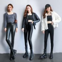 PU Leather High Waist Women Leggings fleece & skinny & thermal Solid black PC