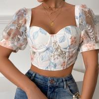 Polyester Slim Women Short Sleeve T-Shirts see through look floral PC