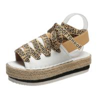 PU Leather front drawstring Women Sandals Rubber & Straw letter Pair