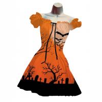 Polyester Halloween Costume & High Waist Boat Neck One-piece Dress printed PC