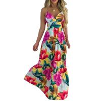Polyester Slim & High Waist Slip Dress large hem design & backless printed floral multi-colored PC