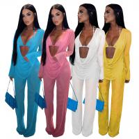 Polyester Women Casual Set see through look & three piece Long Trousers & bra & top Solid Set