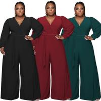 Polyester Plus Size Long Jumpsuit flexible & deep V & with belt Spandex Solid PC