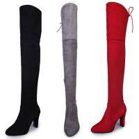 Suede back drawstring & side zipper & Stiletto Knee High Boots Solid Pair