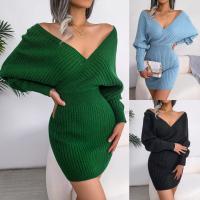 Acrylic High Waist Sexy Package Hip Dresses deep V Solid PC