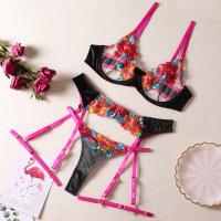 Polyester Sexy Bra Set & three piece Sexy T-back & garter belt & bra embroider floral Set