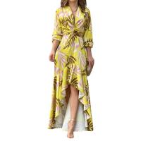 Polyester High Waist One-piece Dress deep V & short front long back printed yellow PC