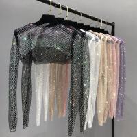 Polyester Crop Top Long Sleeve Nightclub Top see through look & hollow & with rhinestone : PC