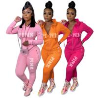 Polyester With Siamese Cap & Plus Size Women Casual Set & two piece Long Trousers & coat printed letter Set