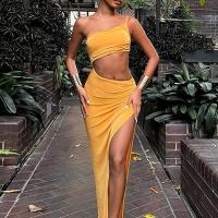 Polyester Sexy Package Hip Dresses side slit & hollow patchwork Solid PC