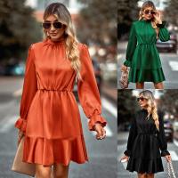 Polyester scallop One-piece Dress mid-long style patchwork Solid PC