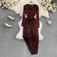 Polyester Long Evening Dress irregular & deep V Sequin PC