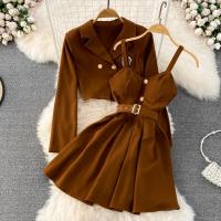 Polyester Waist-controlled Two-Piece Dress Set Solid Set
