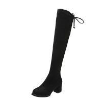 Rubber & Suede back drawstring & chunky Knee High Boots  Solid black Pair