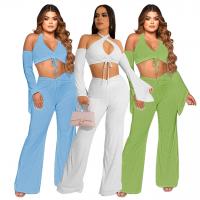 Polyester Wide Leg Trousers Women Casual Set irregular & two piece & off shoulder Long Trousers & top Solid Set