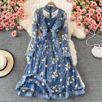 Polyester Waist-controlled One-piece Dress large hem design shivering blue PC