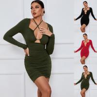 Rayon Waist-controlled Sexy Package Hip Dresses deep V & hollow & skinny style Spandex patchwork Solid PC