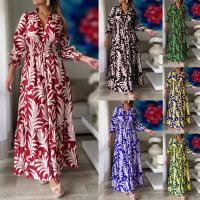 Cotton Waist-controlled & long style One-piece Dress large hem design & deep V Polyester printed floral PC