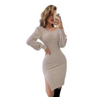 Cotton Waist-controlled Sexy Package Hip Dresses side slit & backless Polyester patchwork Solid Apricot PC