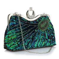 Beaded & Polyester Clutch Bag attached with hanging strap & waterproof peacock tail pattern silver PC
