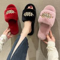 Plush Fluffy slippers hardwearing & thermal & with rhinestone Pair