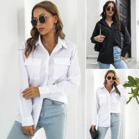 Polyester Women Long Sleeve Shirt mid-long style & loose & with pocket Cotton Solid white and black PC